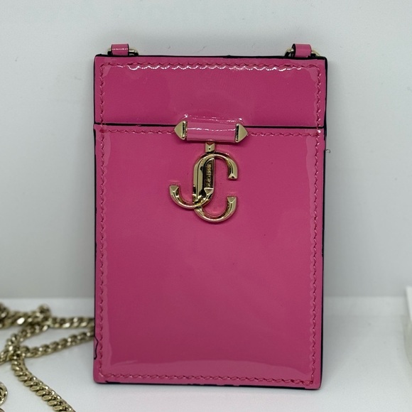 Jimmy Choo Pink and Gold Leather Jacquard Wallet with Chain - Picture 1 of 6